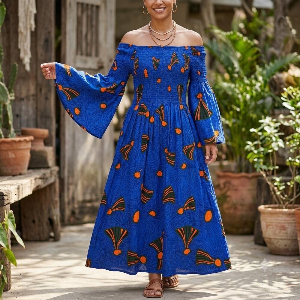 Vintage 90s Smocked Cotton Maxi Dress Blue Abstract Bell Sleeve India Boho M/L